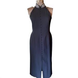 Vintage Liz Claiborne Black Halter Maxi Dress 8 Button Front Embroidered Collar